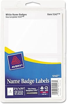 Avery 5147 Printable Self-Adhesive Name Badges, 2 1/3 x 3 3/8, White, 100/Pack