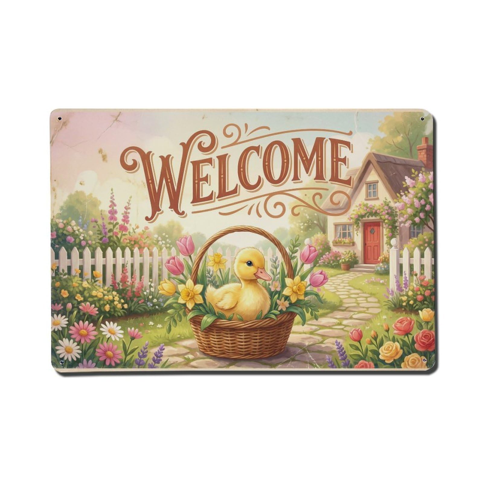 Vintage Welcome Duckling Flower Basket Metal Tin Sign