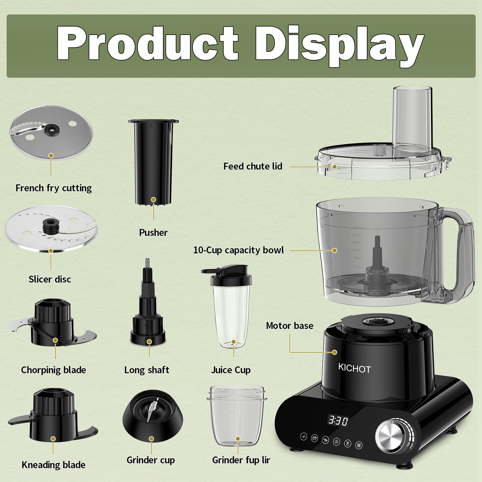 Robot de cocina & Picador, 2.5 L Food Processor 1500 W con gran tubo de alimentación – Creación de hielo, Molienda, Expresor de cítricos, Ralladura, Corte & Repostería, Negro