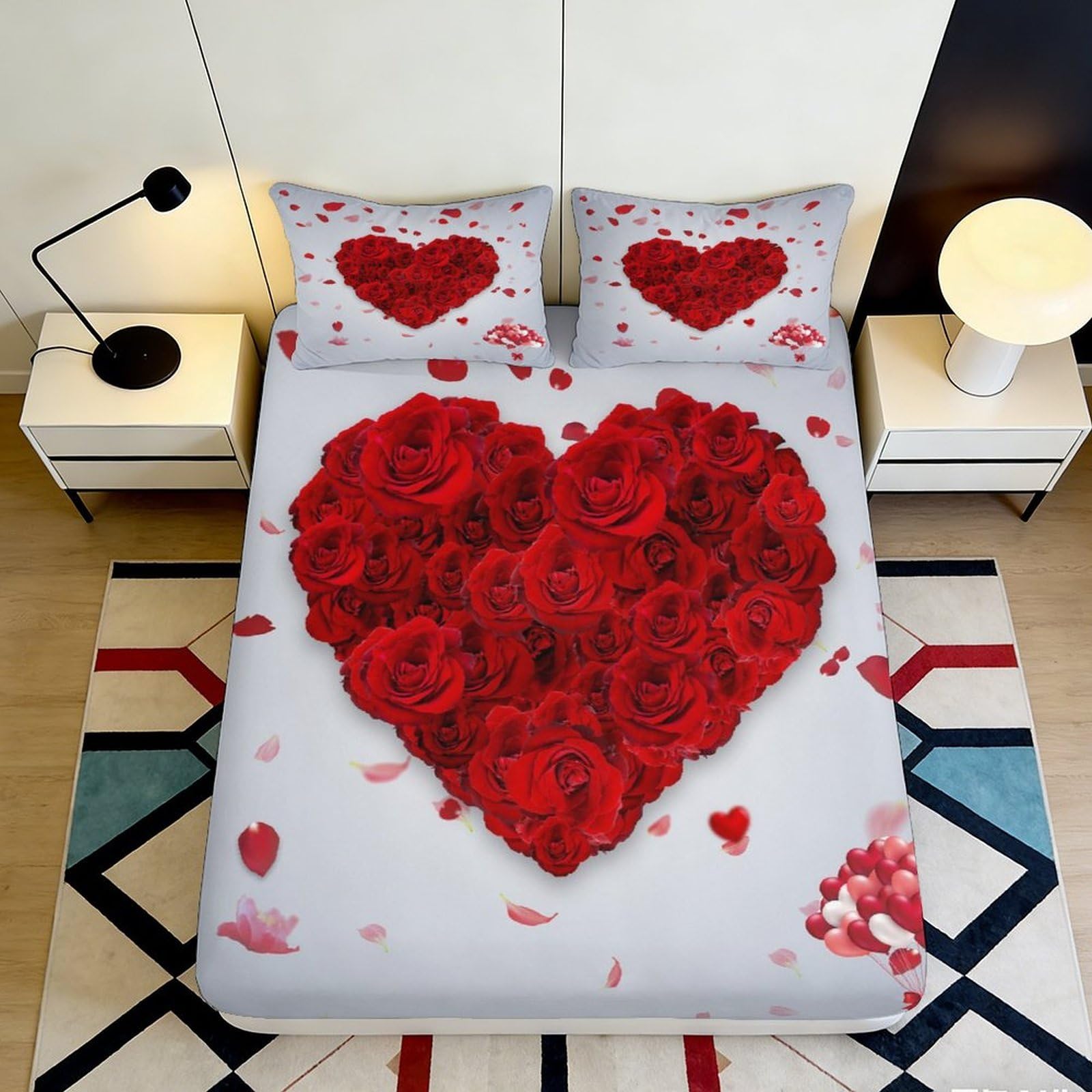 Jqzkxnhpbr Style-4 3D Printed Red Rose Heart Fitted Sheet Microfiber Soft Bed Cover Romantic Bedroom Decor Mattress Protector 90X200x25cm