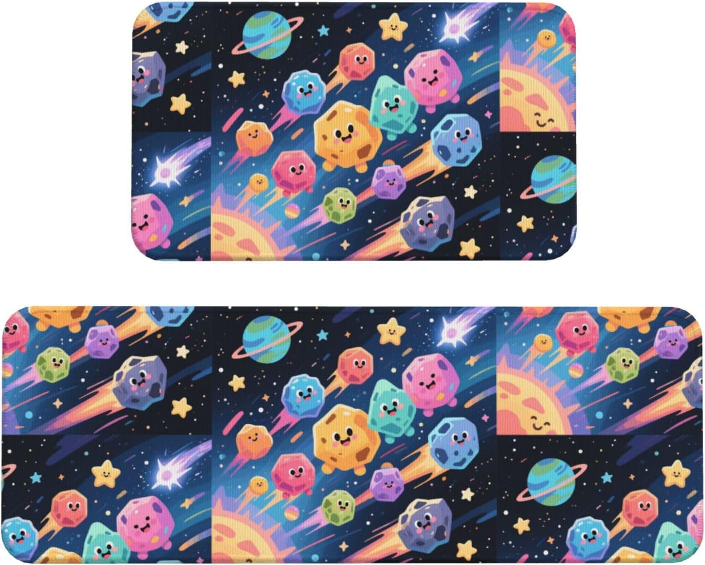 Space Meteor Kitchen Rugs Set of 2, Cushioned Anti-Fatigue Kitchen Mats for Floor, Waterproof Comfort Standing Mat Absorbent Velvet Kitchen Runner Rugs 17"x30"+17"x47"