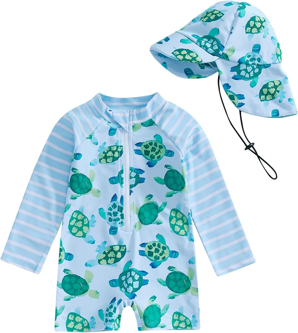 Lucikamy Toddler Baby Boy Girls One Piece Swimsuit Long Sleeve Zipper Bathing Suit with Hat Infant Rash Guard Swimwear