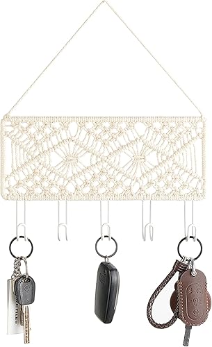 Mkono Llavero decorativo para pared, pequeño macramé, decoración bohemia del hogar, 5 ganchos, colgador de llaves para entrada, pasillo, dormitorio,