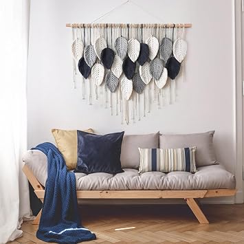 RXRENXIA Large Macrame Wall Hanging Boho Woven Tapestry Leaves Bohemian Wall Decor Chic Home Decor Modern Bohemian Wall Art Handmade Macrame Decor for Living Room Bedroom Apartment Dorm,Grey