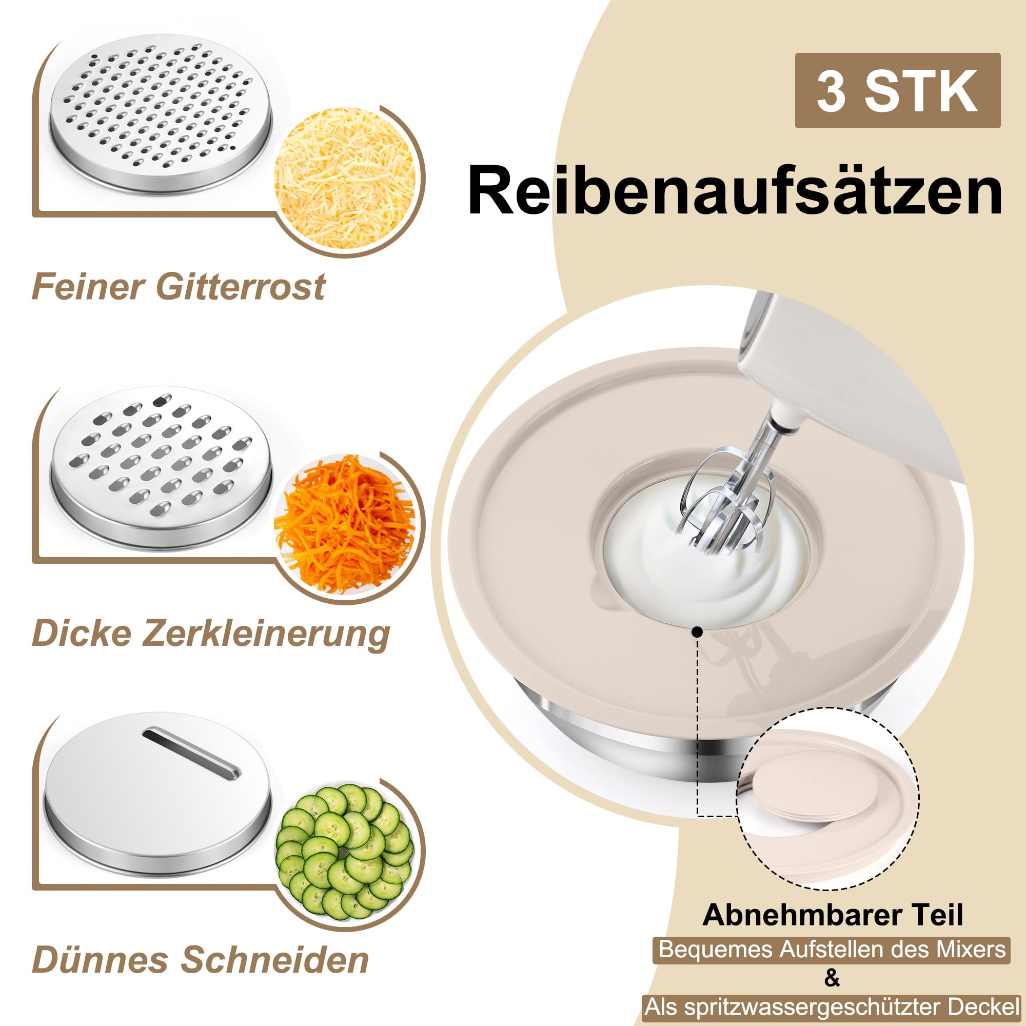 Onader Kahaki - Set di 6 ciotole in acciaio inox, con coperchio ermetico e 3 grattugie, per cucina, 4,6 l, 2,8 l, 2,5 l, 1,6 l, 1,2 l, 0,7 l, impilabili e lavabili in lavastoviglie, colore: Kahaki
