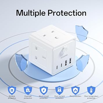 Extension Lead with 4 USB Slots and Switch, 3 Way Multi Plug Extension Cable with 2 USB C, UK Desktop Power Extension Cord with Multi Socket, 1.5M Extension Cable for Home Office