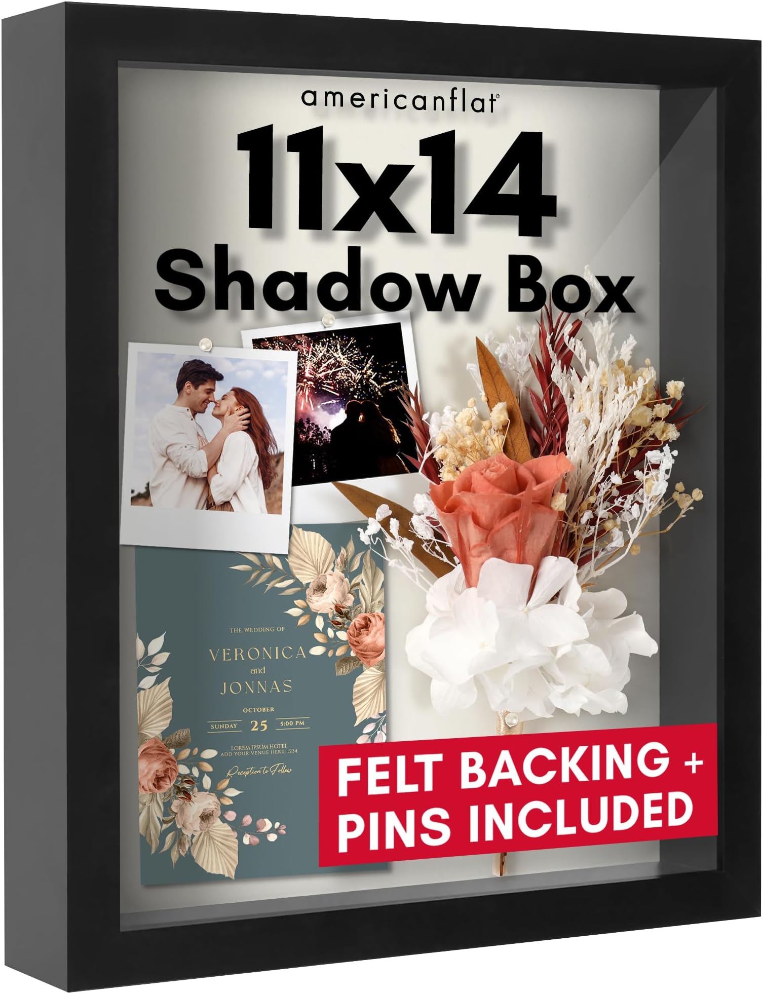 11x14 Shadow Box Frame in Black with Soft Linen Back - Engineered Wood with Shatter-Resistant Glass, and Hanging Hardware for Wall and Tabletop Display