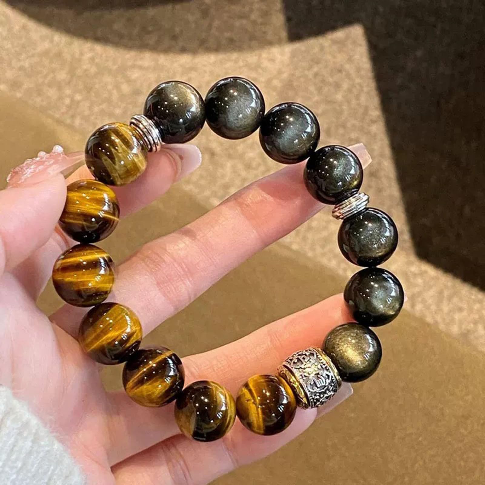 Bracciale in Ossidiana con Occhio di Tigre Giallo e lucentezza Dorata - Perline di Cristallo Nero e Marrone Dorato Naturale per Protezione e Sicurezza, Gioielli Elasticizzati,12MM