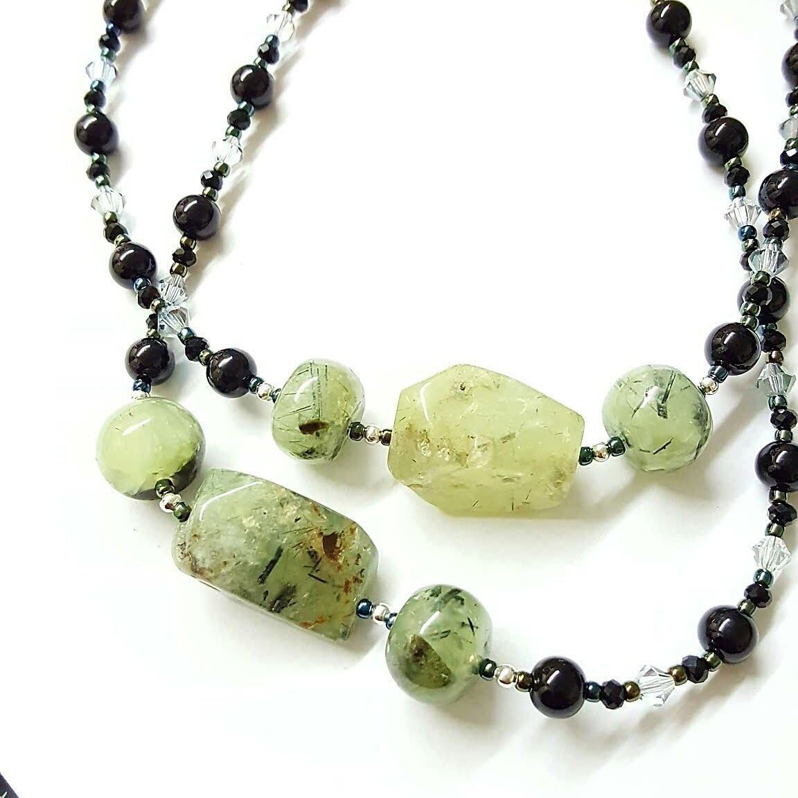 Prehnite Raw Gemstone and Onyx Necklace and Bracelet Set
