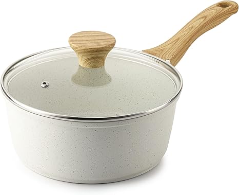 White Ceramic Nonstick Saucepan with Lid 1.5 Quarts, Small Cooking Pot with Stay Cool Handle, Induction Compatible