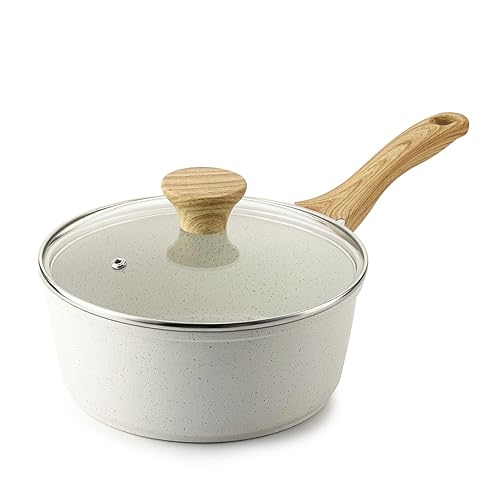 SENSARTE White Ceramic Nonstick Saucepan with Lid 1.5 Quarts, Small Cooking Pot with Stay Cool Handle, Induction Compatible Saucepot, White Granite Coating, Free of Intentionally Added PTFE/PFOA/PFAS - White Ceramic - 1.5 Quarts