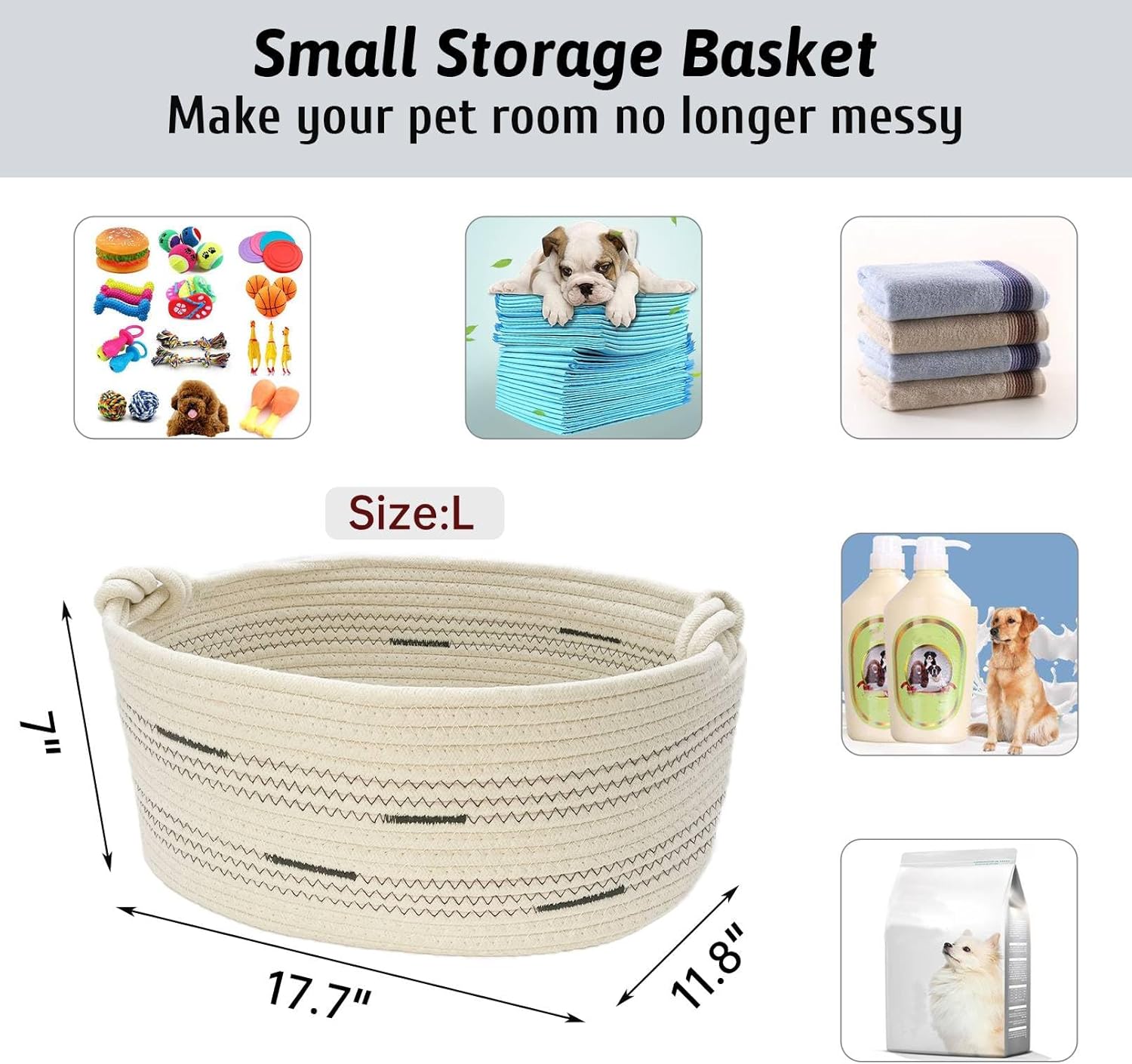 Fhiny Cotton Rope Dog Toy Basket with Handle Puppy Toys Storage Bin Small Woven Rectangle Diapers Pet Kitty Bed Perfect for Carry Pet Chew Toys Blankets Leashes Doggie Stuff - Beige L