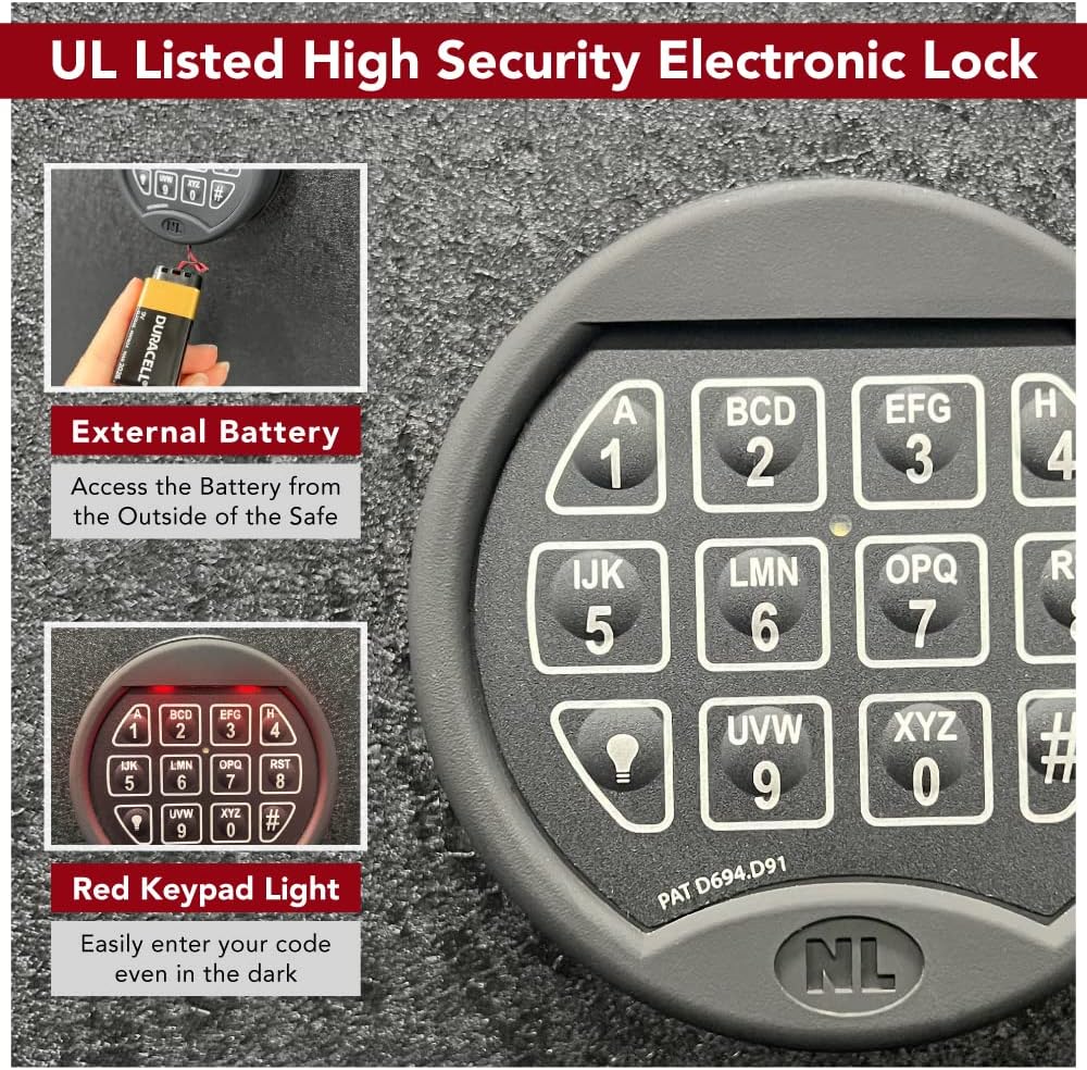 Close-up of the electronic lock keypad on the Stealth UL50 safe, showing battery compartment