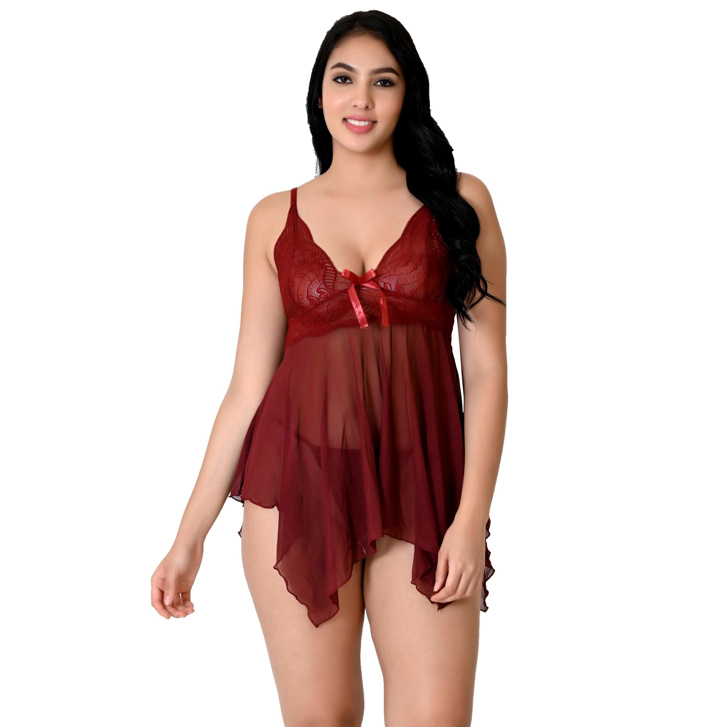 love maker Women Solid Net Lace Babydoll V-Neck Wedding Nighty Above Knee Lingerie S-3XL-picture-28