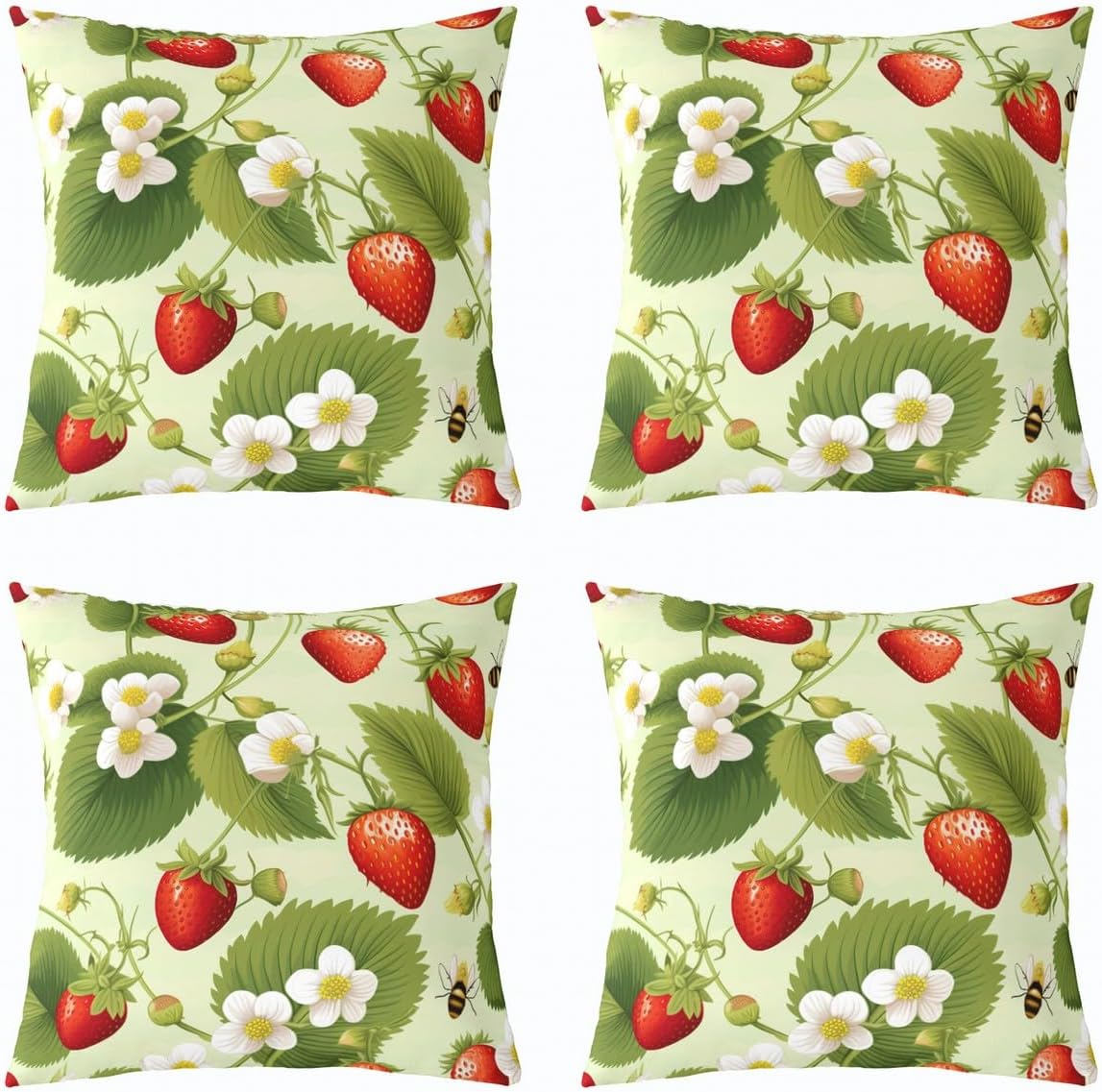 Strawberry Throw Pillow Covers 18"x18" Set of 4 Soft Kawaii Strawberry Print Cushion Covers Pillow Cases For Couch Sofa Bedroom Car Reversible Floral Leaf Red Green Decorative Throw Pillowcases