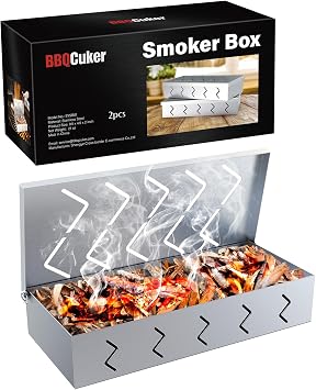 BBQCuker 2 Pack Grill Smoker Box, Stainless Steel Food Safe, Works with Wood Chips Smoked BBQ Flavor, Hinged Lid,Warp Free Grill Accessories 2, 9x4