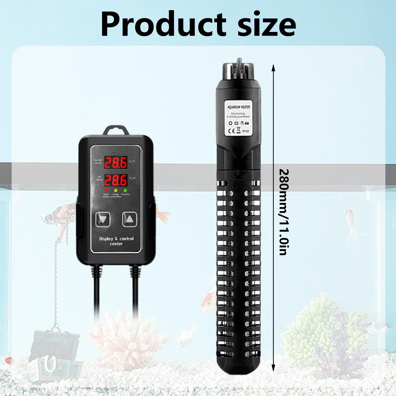 Aquarium-Heizung, 300 W Aquarium-Heizung mit externem LED-Thermostat-Controller, intelligenter Überhitzungsschutz, Übertemperaturschutz, Memory-Funktion, tauchfähiger Aquariumstrahler für 150 l Süß