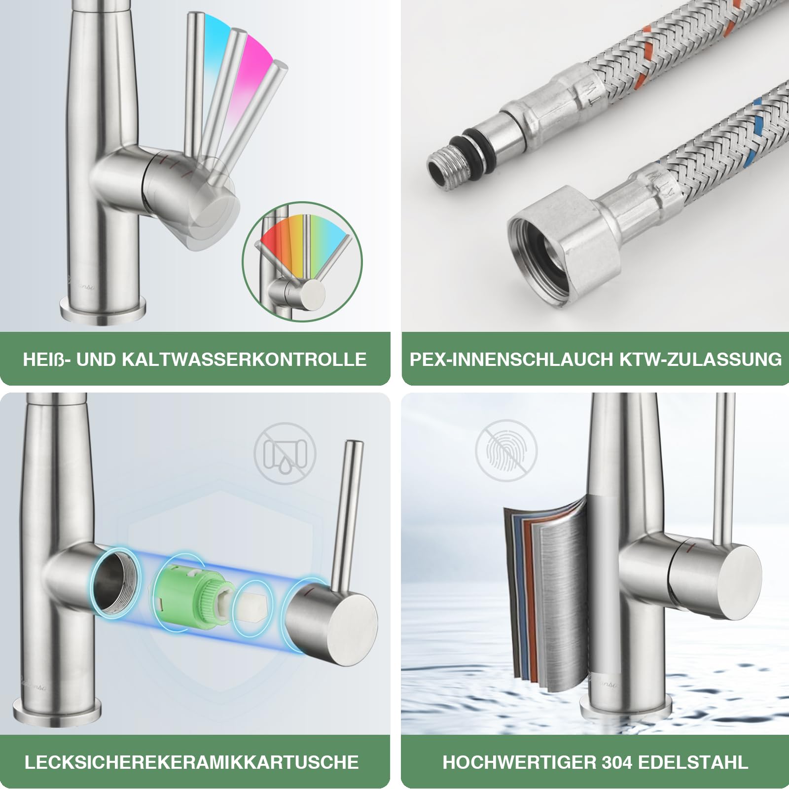 grifo cocina, flexible kitchen faucet, grifos cocina fregadero giratorio 360°, torneira cozinha acero inoxidable, grifo de cocina com dois modos de duche (Cepillado)