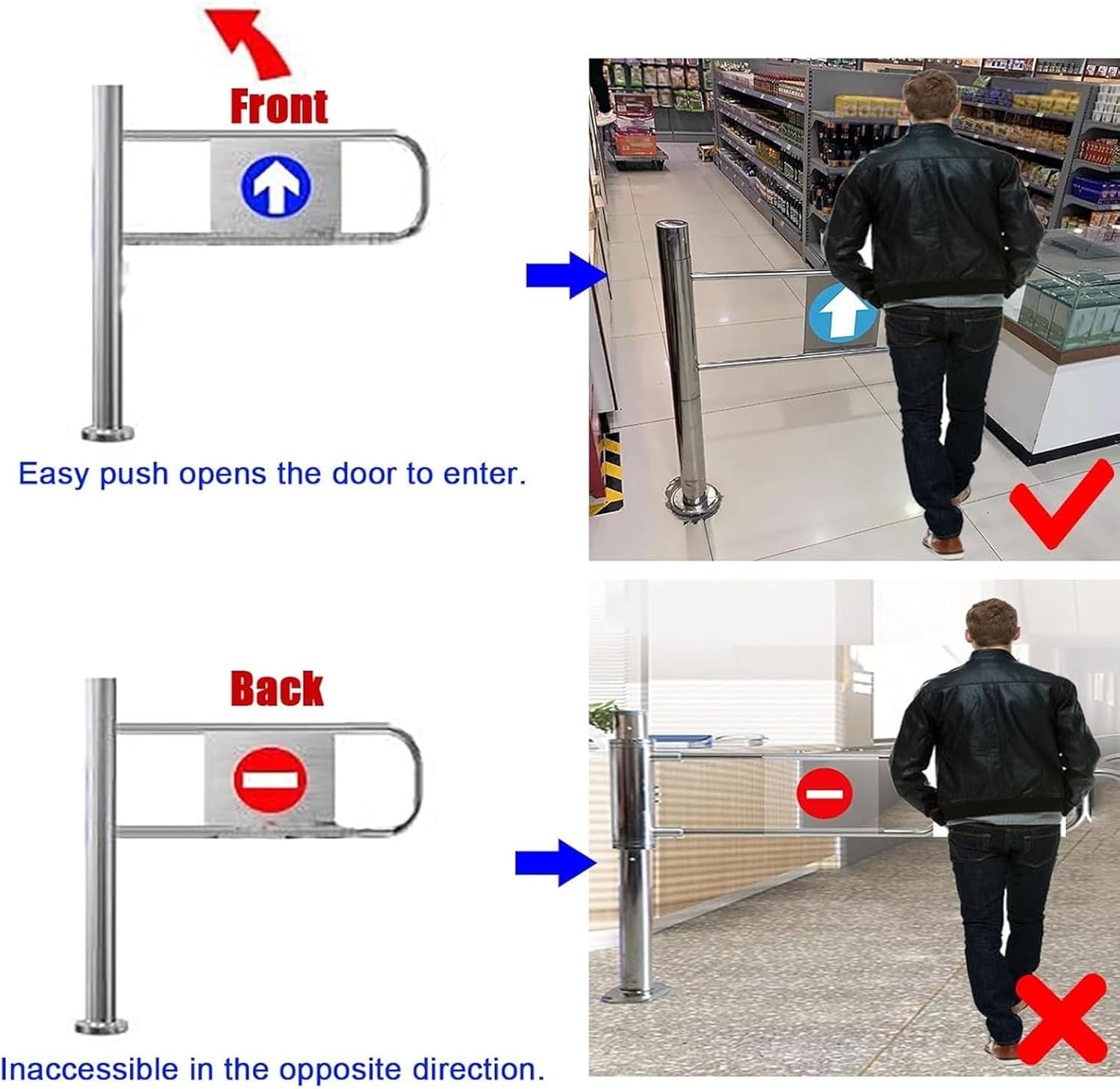 Stainless Steel 4-Way Safety Door - Automatic Closing Barrier Gate for Libraries & Stores, Manual Swing Access Door (1.8x1M) - Durable Commercial Entry Solution