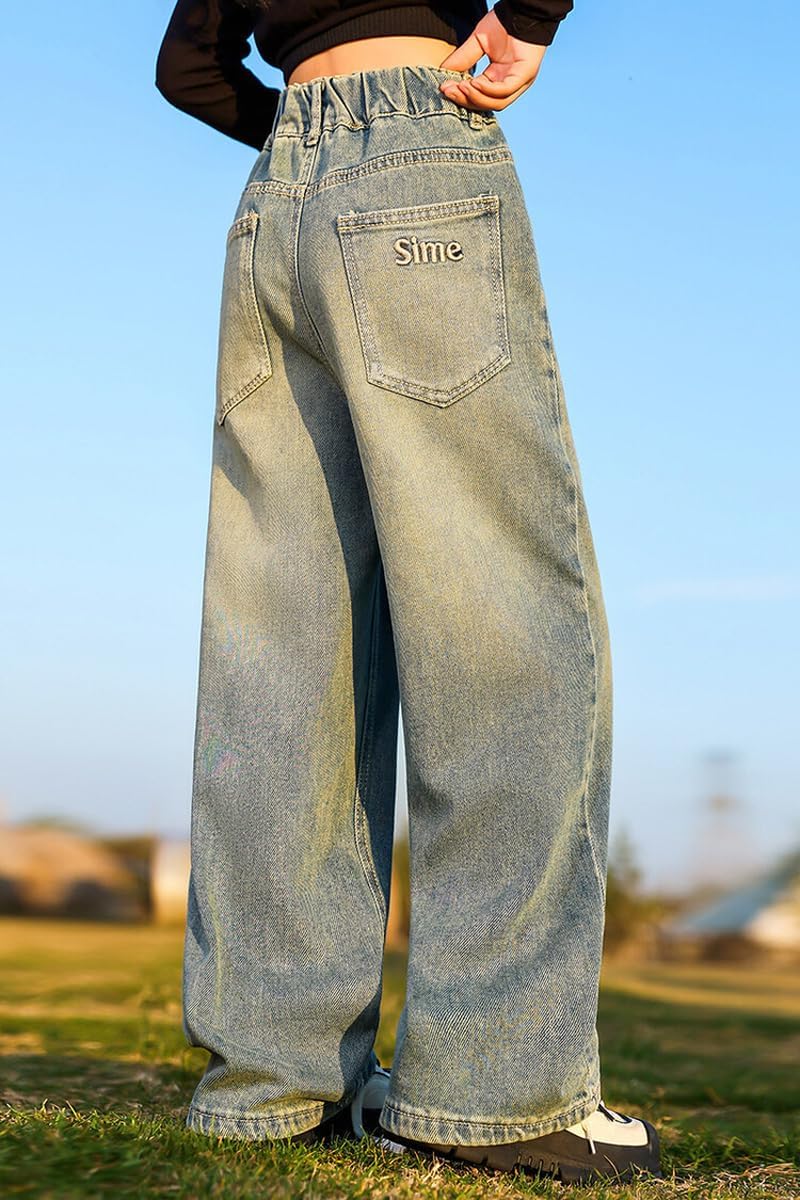 NABER Kids Girls Elastic Waist Cool Ripped Jeans Washed Denim Wide Leg Ripped Denim Jean Age 5-15 Years - Image 3