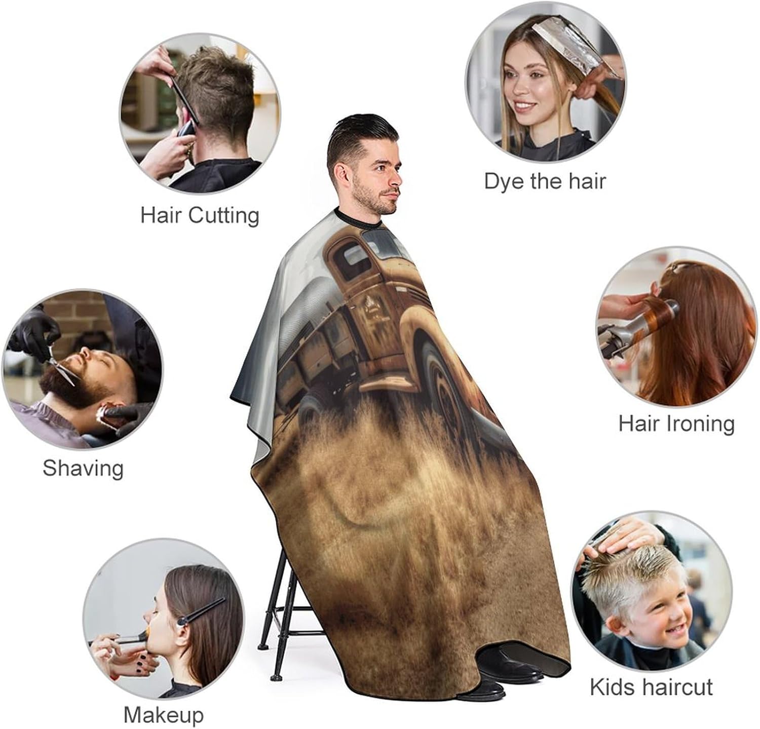 Old Truck Car Apron for Women Men,Barber Cape with Adjustable Snap Closure,Hair Cutting Cape,66.9 X 56.7 Inches for Hair Dye, Comb-out, Styling, Shampoo