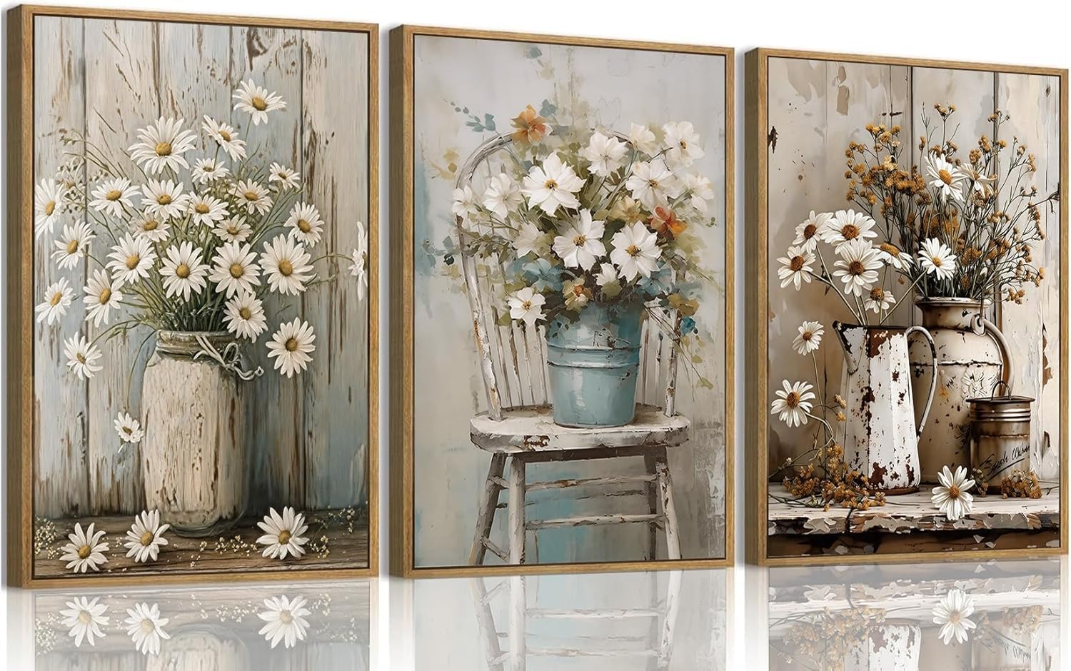 lianyibo 3 Piece Vintage Rustic Wall Art Set Floral Print Canvas Country Daisy Pictures for Bedroom Living Room Decoration (50x75cmx3/No Frame)