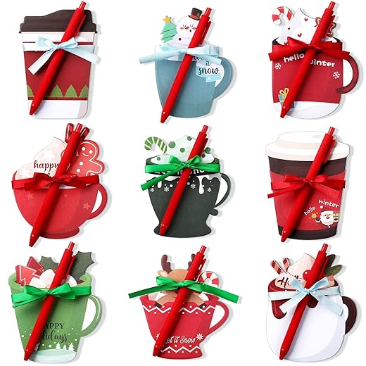 Geyee 9 Sets Christmas Coffee Cup Notepad with Pen Winter Memo Pad Christmas to Do List Xmas Notepads Set for Study Work Decoration Christmas Party Favors