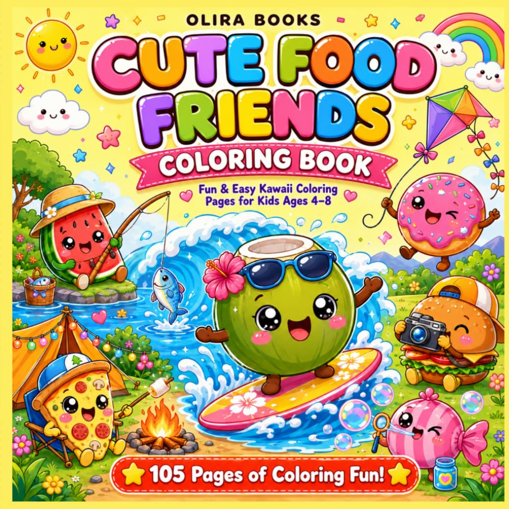 Cute Food Friends Coloring Book: Fun & Easy Kawaii Coloring Pages for Kids Ages 4–8
