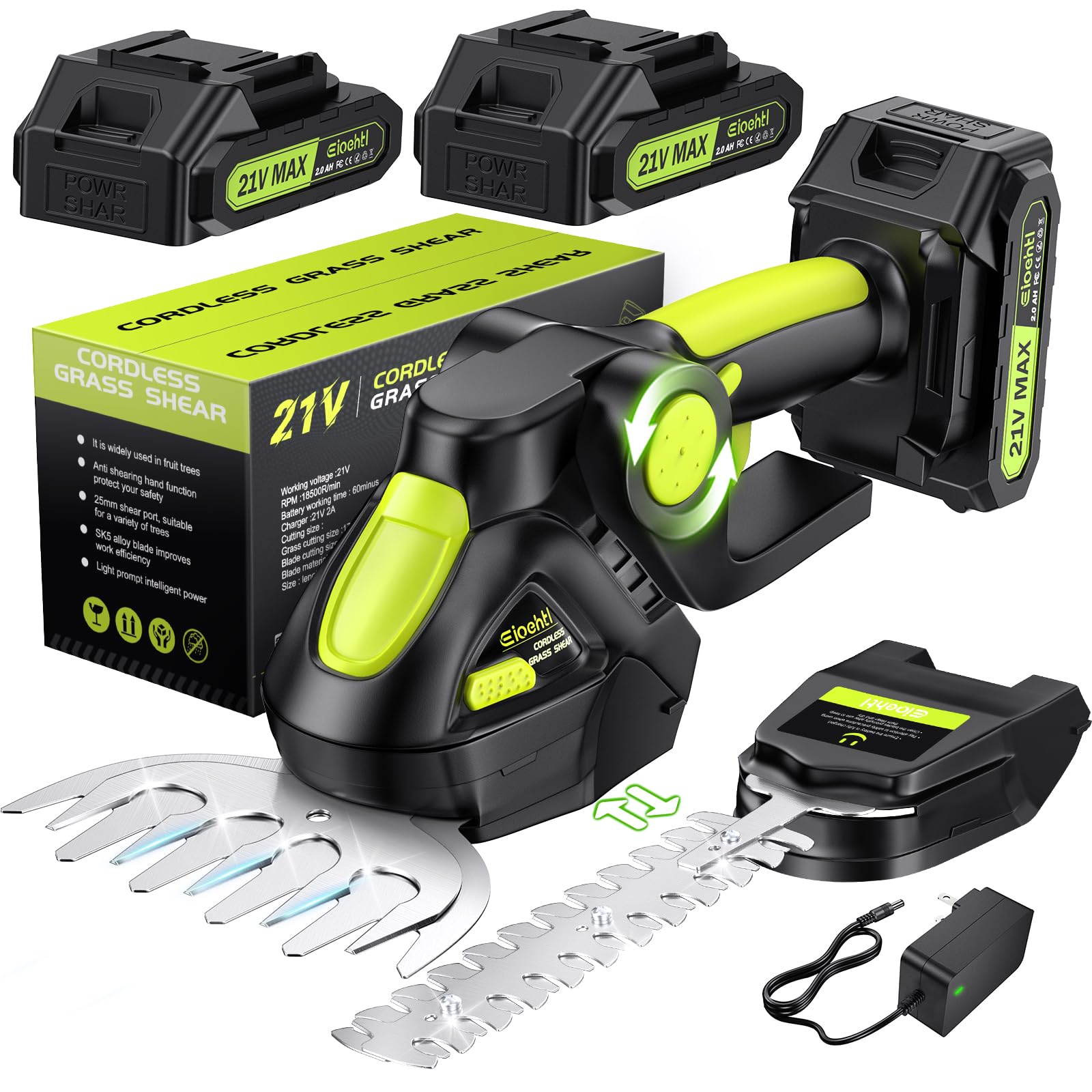 Hedge Trimmer - Enhanced Version 2 in 1 Bush Trimmer with 2 PCS Rechargeable Batteries, Upgraded 21V Motor 1200RPM, Frequency 0.9 m/s, Multifunctional Cordless Hedge Trimmer for Garden, Lawn