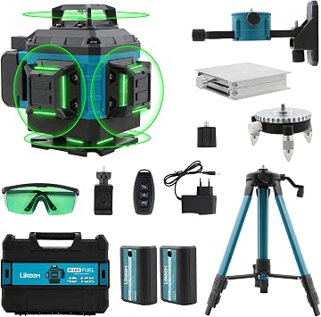 Laser Level with Tripod, 360  Self Leveling Laser Level, 4D 16 Lines Green Laser Spirit Level, LED Display, Remote Control, Pulse Mode, Tool Box for Construction DIY Tiling