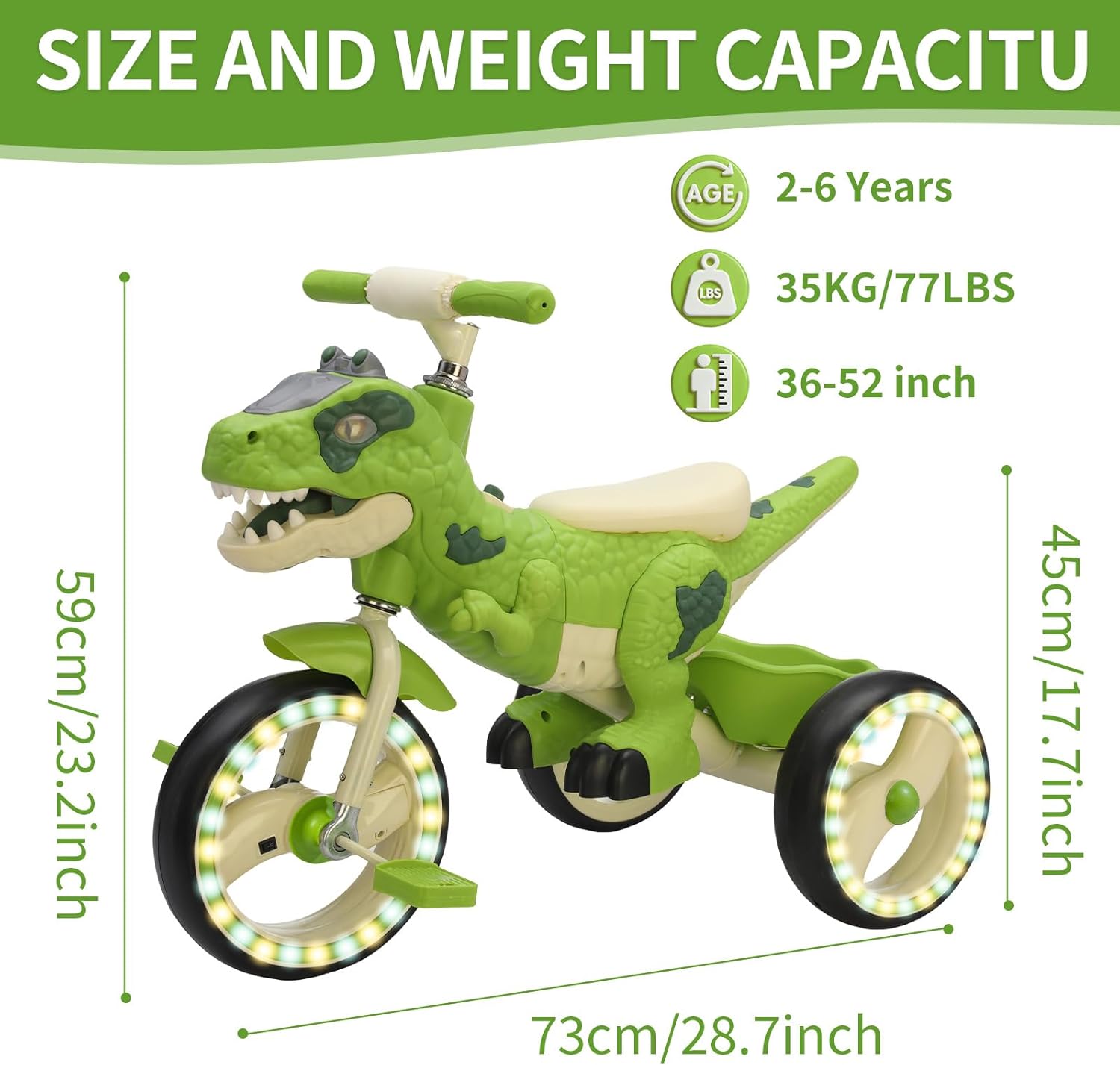 Dinosaur Kids Tricycle, Toddler Bike with Music, Lights, Storage Basket, Big Light-Up Wheels, Indoor Outdoor Trike, Best Gift for Boys Girls Ages 3-6, Preschool Kids Tricycle (Green+Lights)