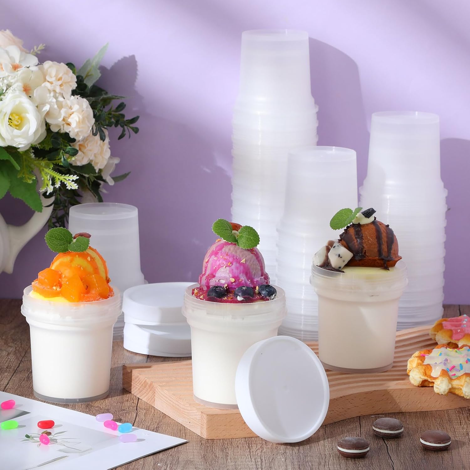 Blushtier 40 Pack 10 oz Clear Ice Cream Containers with Lids Reusable Screw Leak Free Homemade Ice Cream Storage Containers Plastic Pudding Cups Dessert Bowls Kit for Summer Birthday Party Favor