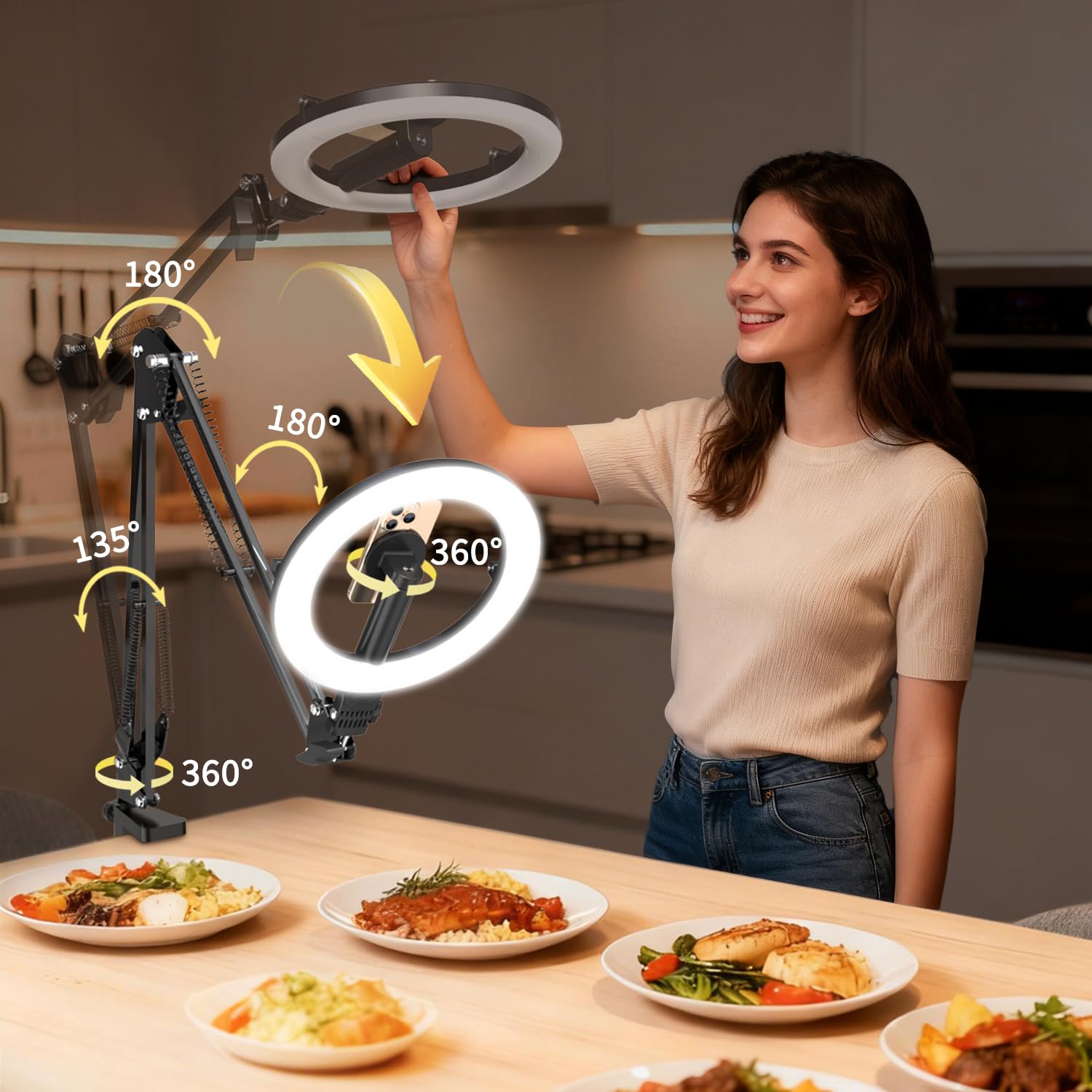 Lámpara de anillo magnética con soporte para teléfono para montaje de cámara de escritorio, trípode de mesa articulado flexible de 5000mAh, soporte para iPhone para grabación de video de cocina y uñas