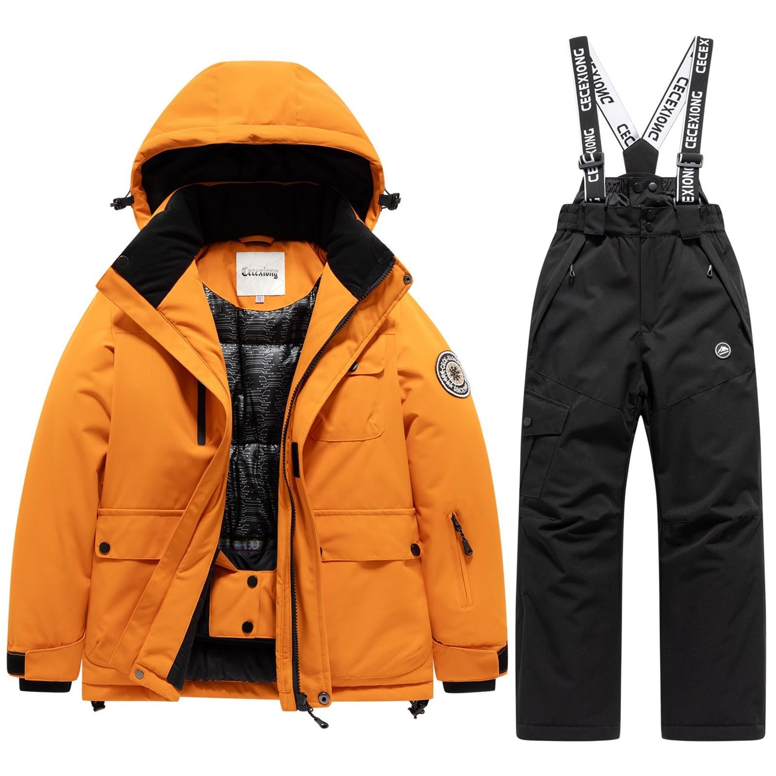 Generisch Traje de esquí para niños, traje de nieve monocolor, chaqueta de plumón con capucha + pantalones de esquí, juego de ropa de invierno de 2 piezas, traje de invierno grueso, resistente al