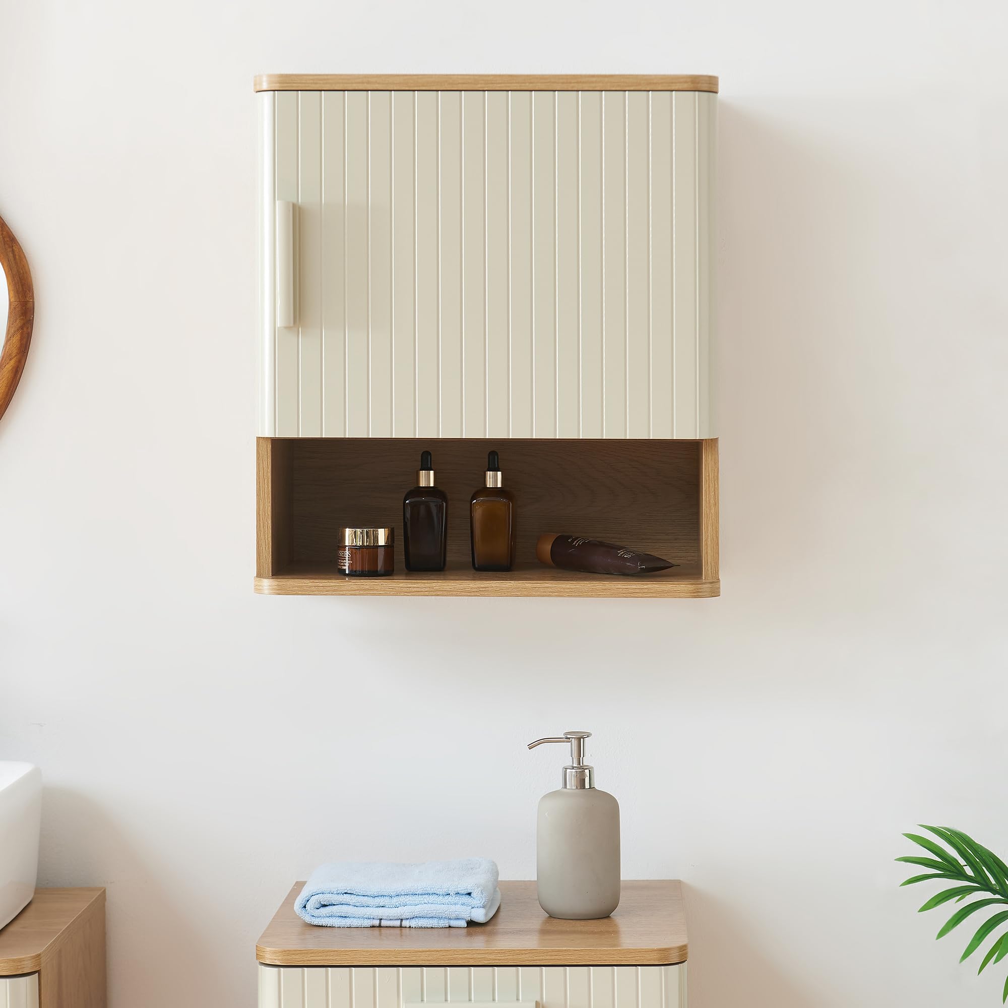 [en.casa] Armadietto a Muro con Anta Mobiletto da Parete con Vano Aperto e Ripiano Pensile Multiuso con Mensola per Bagno Cucina Ingresso 50 x 45 x 24 cm - Effetto Rovere/Avena Oatmeal