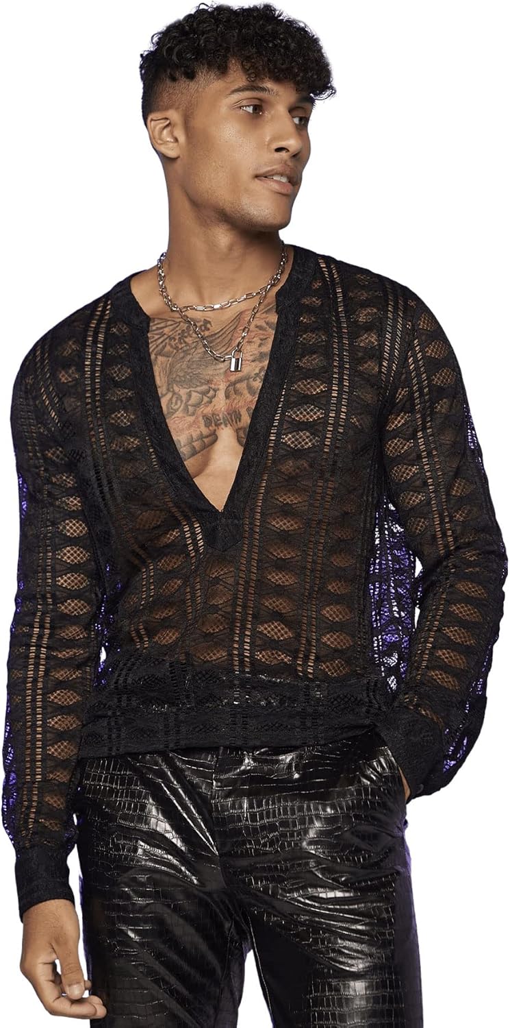 OYOANGLE Men's Solid Hollow Out See Through Party Clubwear Long Sleeve V Neck Shirt Top