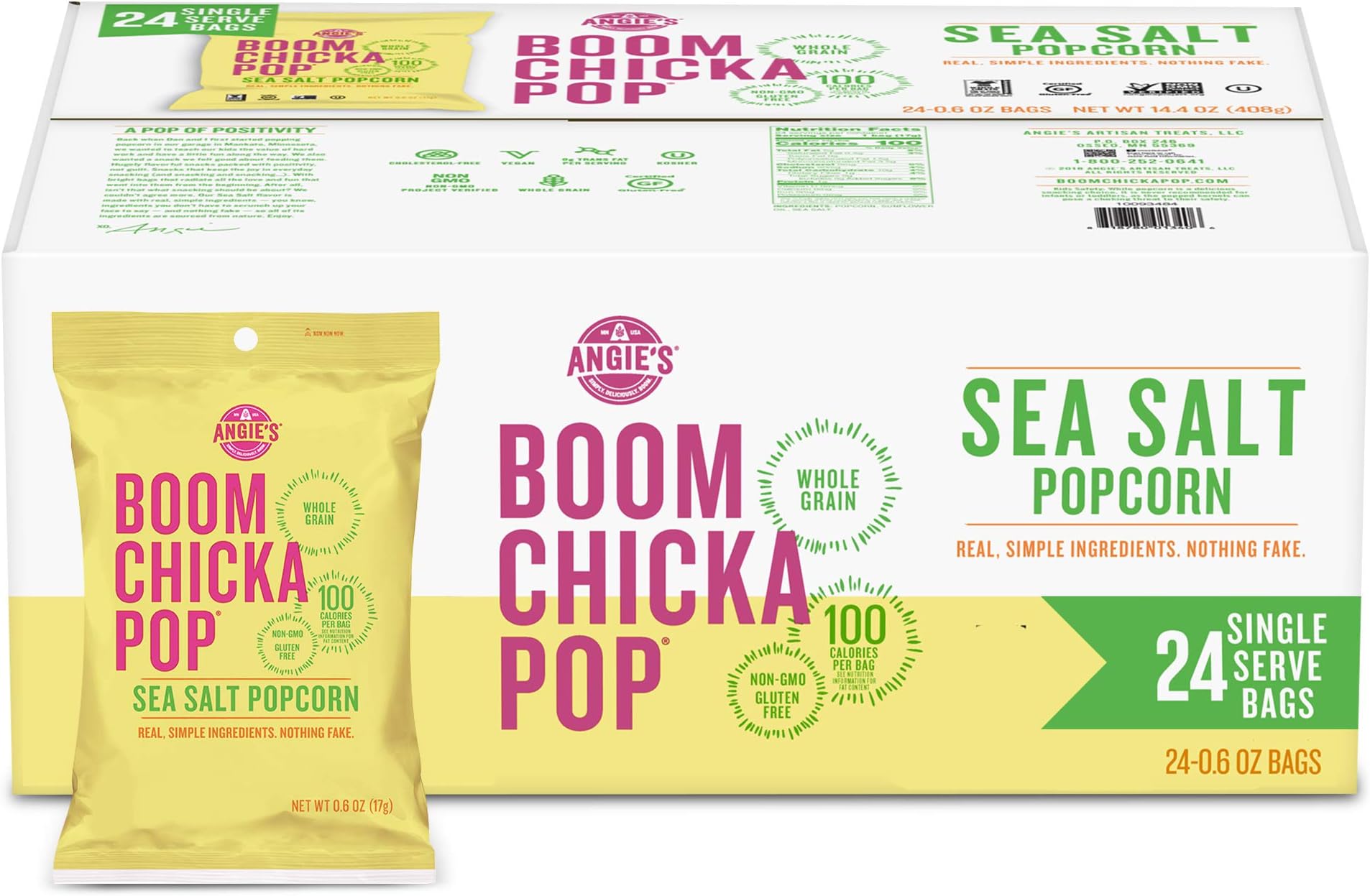 Angie's BOOMCHICKAPOP Sea Salt Popcorn, 0.6 oz. Individual Bag (Pack of 24)