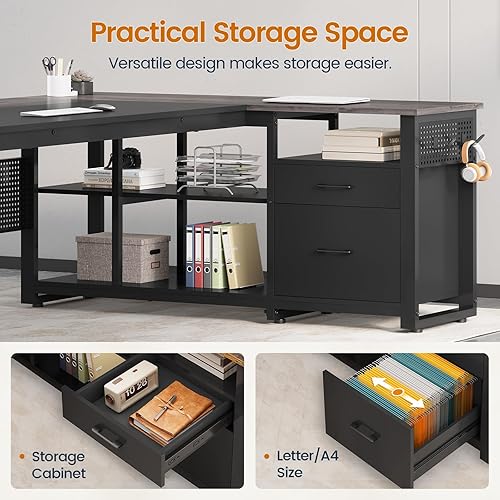 Miniatura 7 de Escritorio ejecutivo de 71 pulgadas con tomas de corriente, escritorio reversible en forma de L para computadora con cajones de archivos y estantes