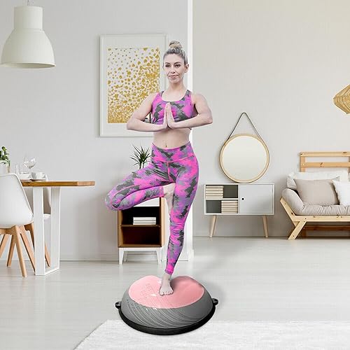 Miniatura 7 de Entrenador de pelota de equilibrio con bandas de resistencia y bomba de pie, media pelota de ejercicio de 23 pulgadas para fuerza central,