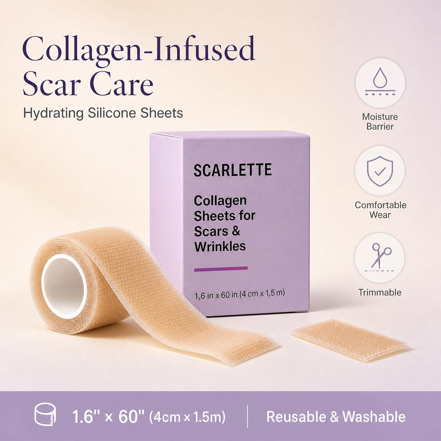 Scarlette Silicone Scar Tape Roll, 1.6” x 120" (2 Roll), Flexible Silicone Sheet for Skin Care Routine, Soft Adhesive Tape for Comfortable Daily Use