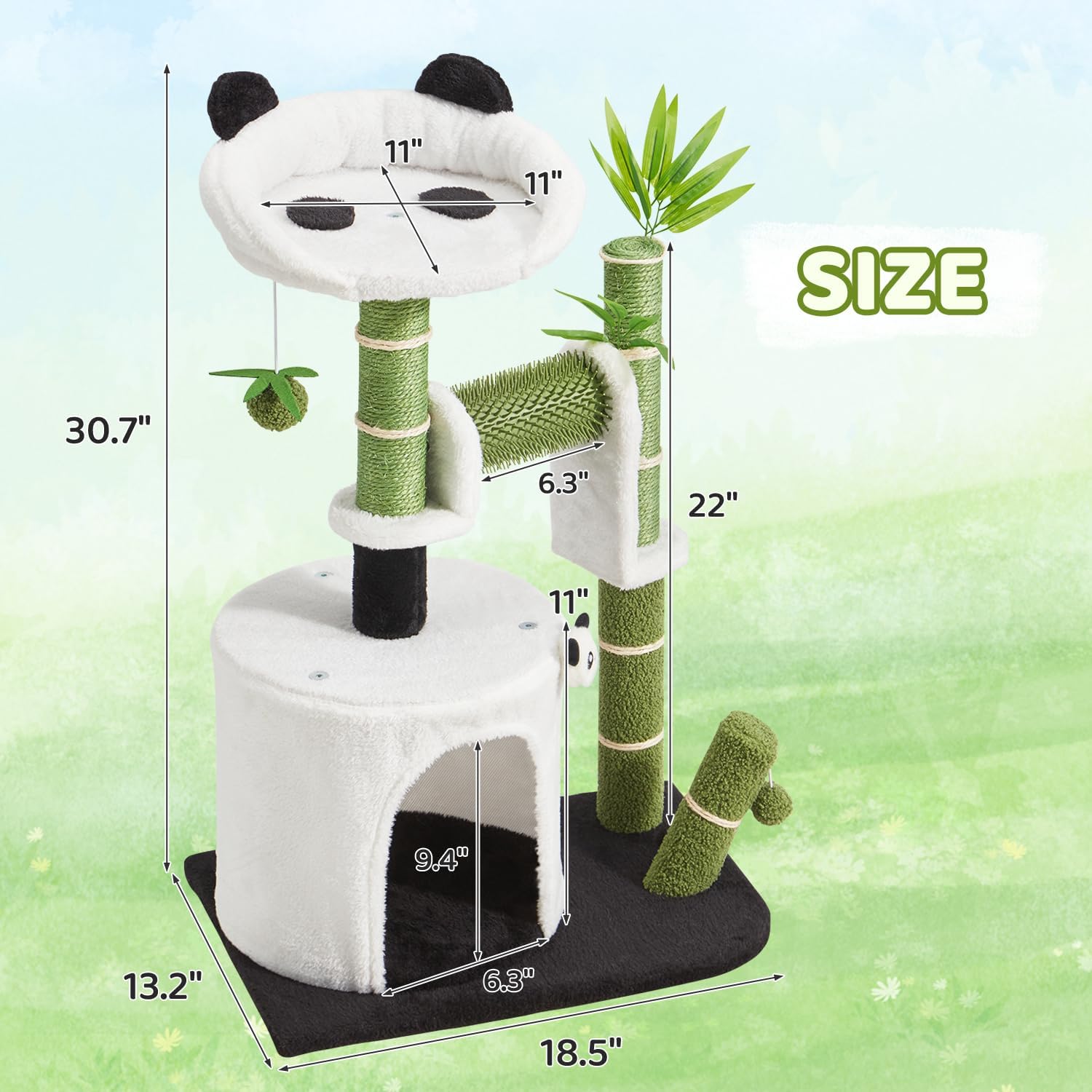 Erinnyees Panda Cat Tree, 30.7" Cat Tower with Self Groomer, Scratching Post, Cat Condo and Hang Ball, Bamboo Leaf Shape Design