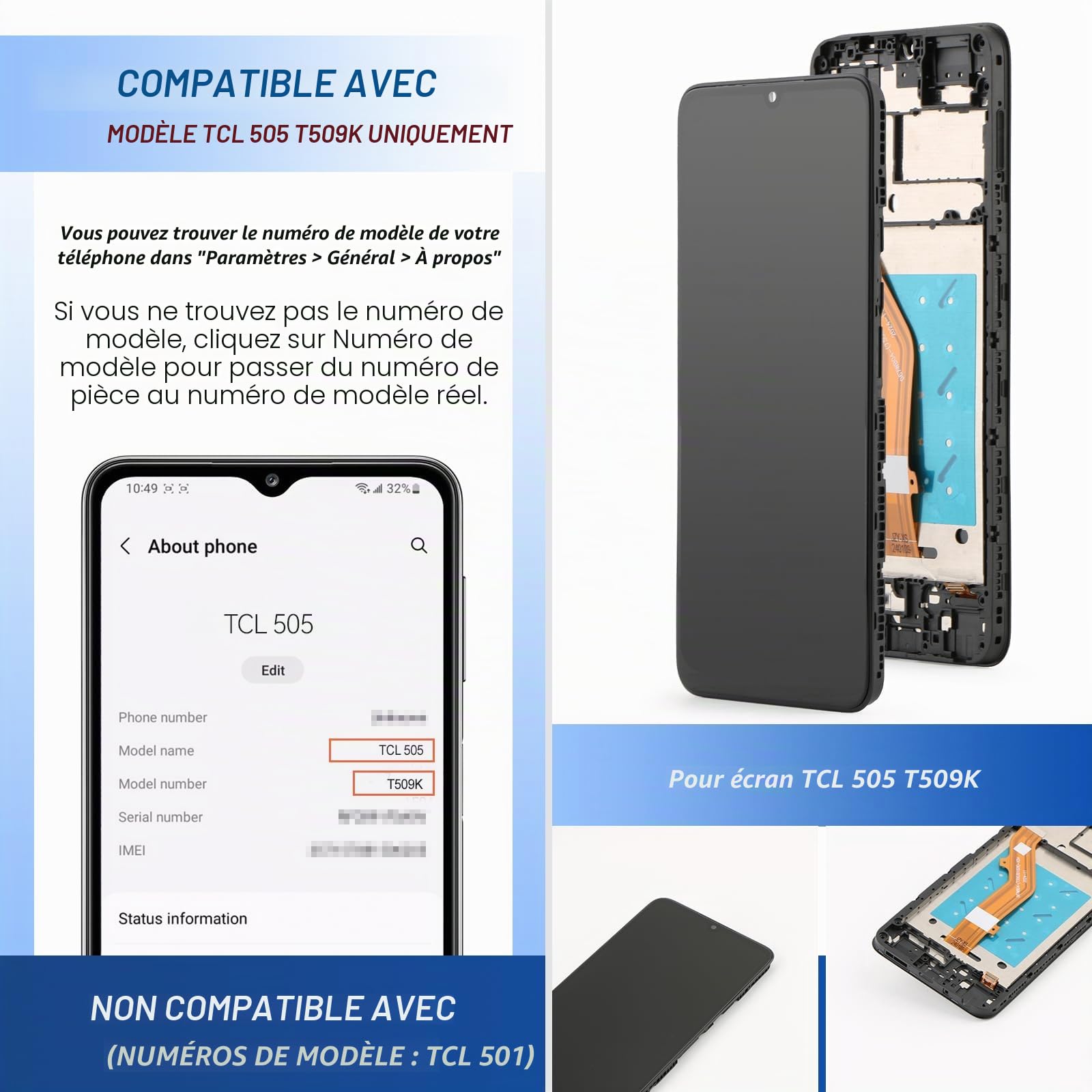 pour TCL 505 T509K1 Ecran Complet Écran Remplacement Tactile Digitizer Assembly pour TCL 505 T509K1 LCD avec Kit De Réparation（Noir avec Cadre