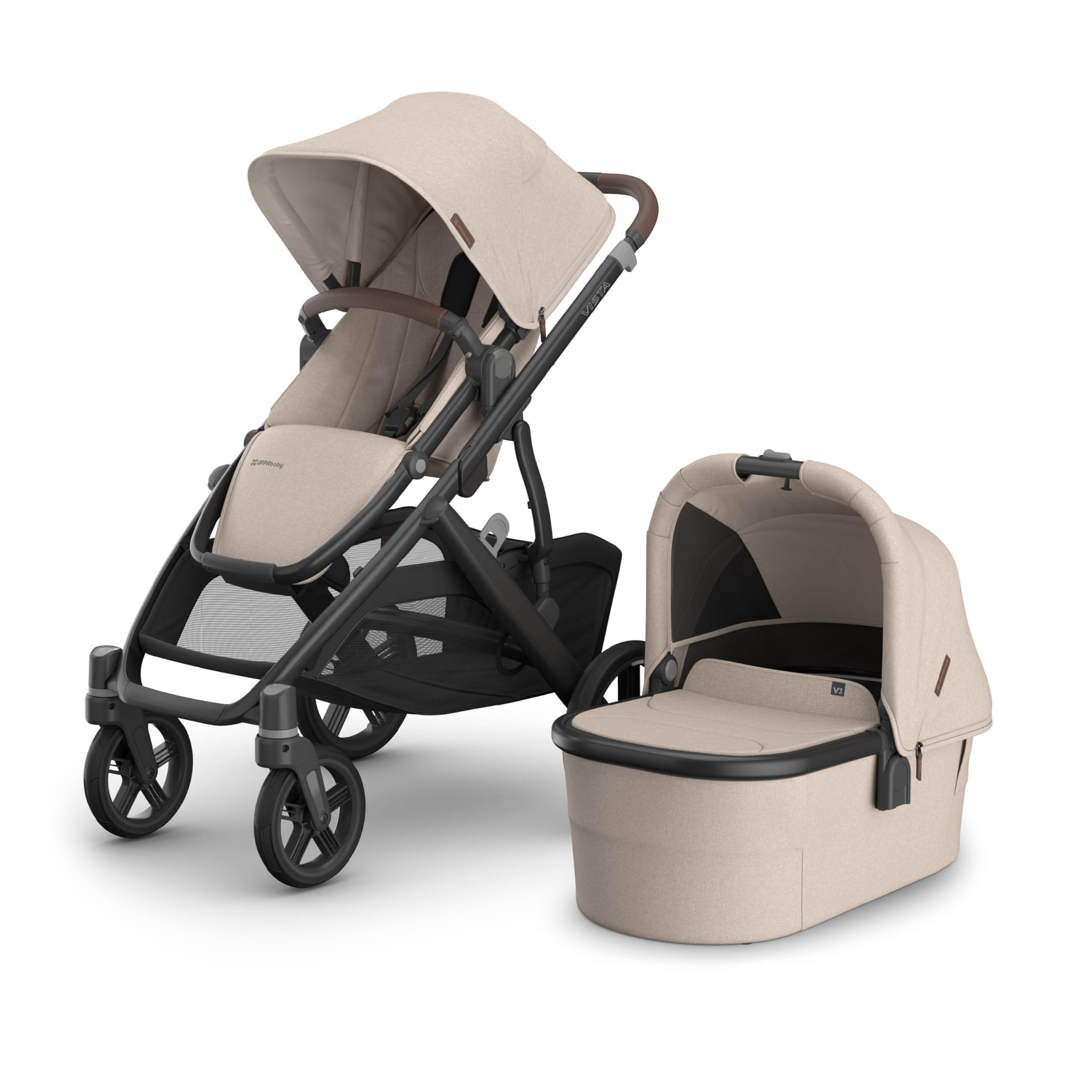 UPPAbaby Vista V3 Stroller + Bassinet V3 - Convertible Single-to-Double Stroller System- Bassinet, Toddler Seat, Bug Shield, Rain Shield Included