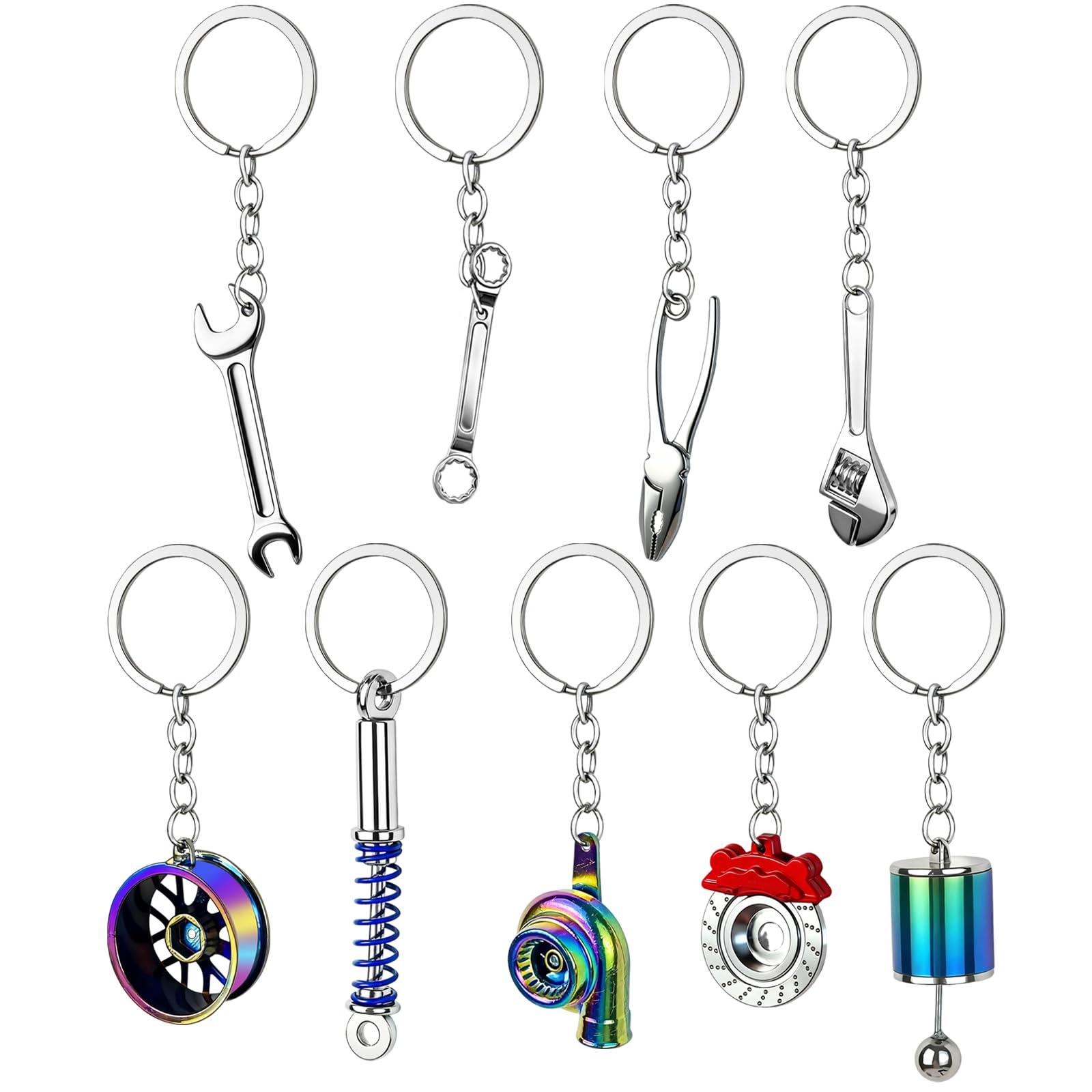9 Pcs Metal Car Parts Keychains - Turbo, Gear Shifter, Wheel Rim, Spanner, Brake Disc, Wrench, Tongs | Cool Fun Novelty Gift for Car Guys | Men's Automotive Accessories Keyrings for Keys