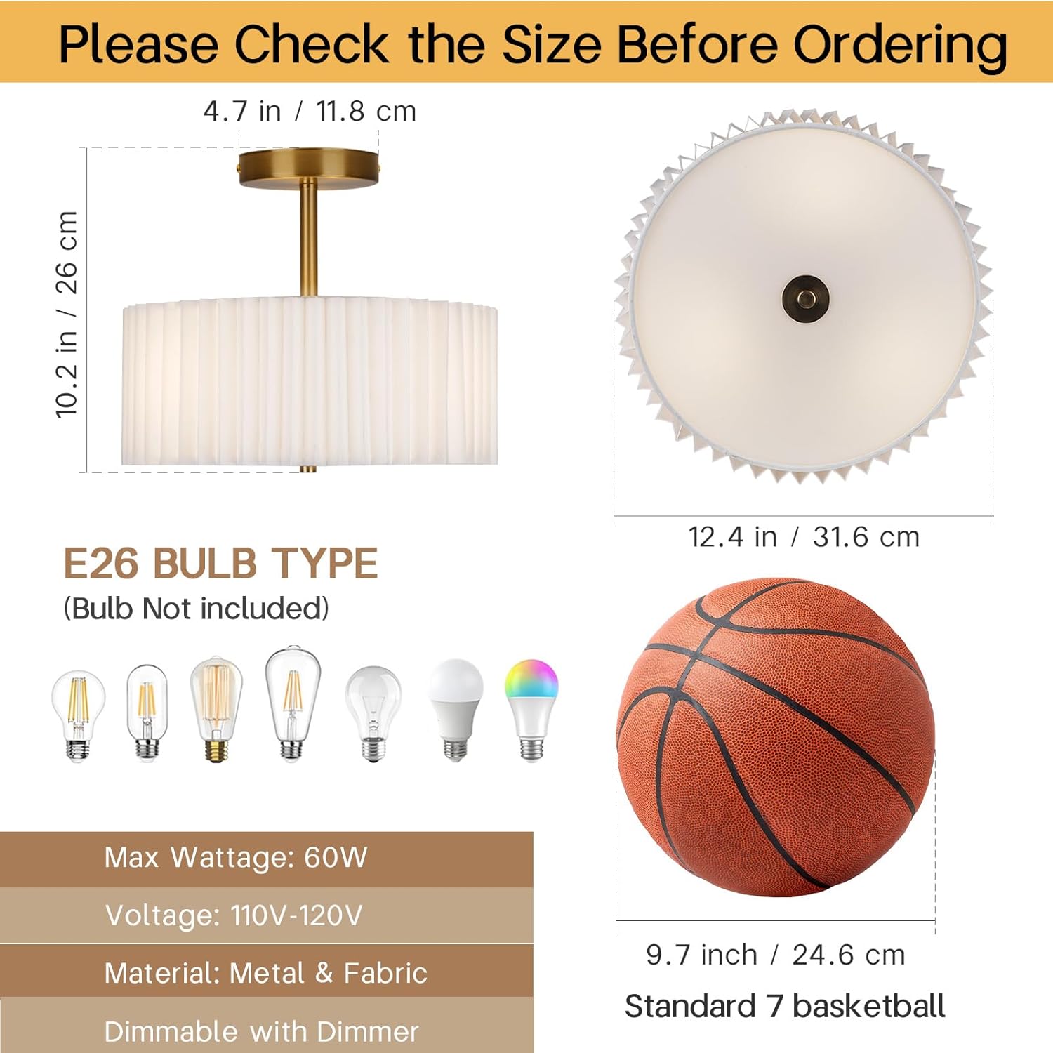 Modern Semi Flush Mount Ceiling Light with Pleated Fabric Shade, 12.5” Drum Gold Light Fixture with Lights, Warm White Linen Lamp for Bedroom, Living Room, Dining Room, Hallway, Kids Room