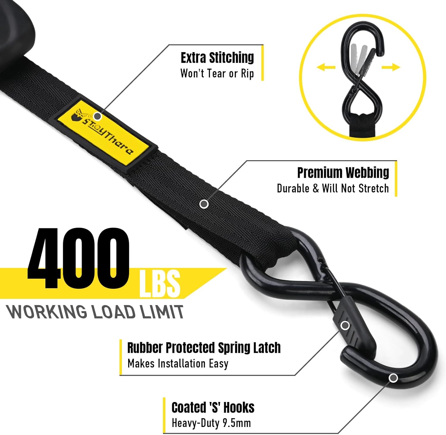 Stay There Retractable Ratchet Straps (4-Pack) - 1 Inch x 7 Feet (1100lb Break Strength) - Heavy Duty Auto Self Retracting Tie Down Straps for Truck, Cargo Trailer, Motorcycle & More - Black - Image 4