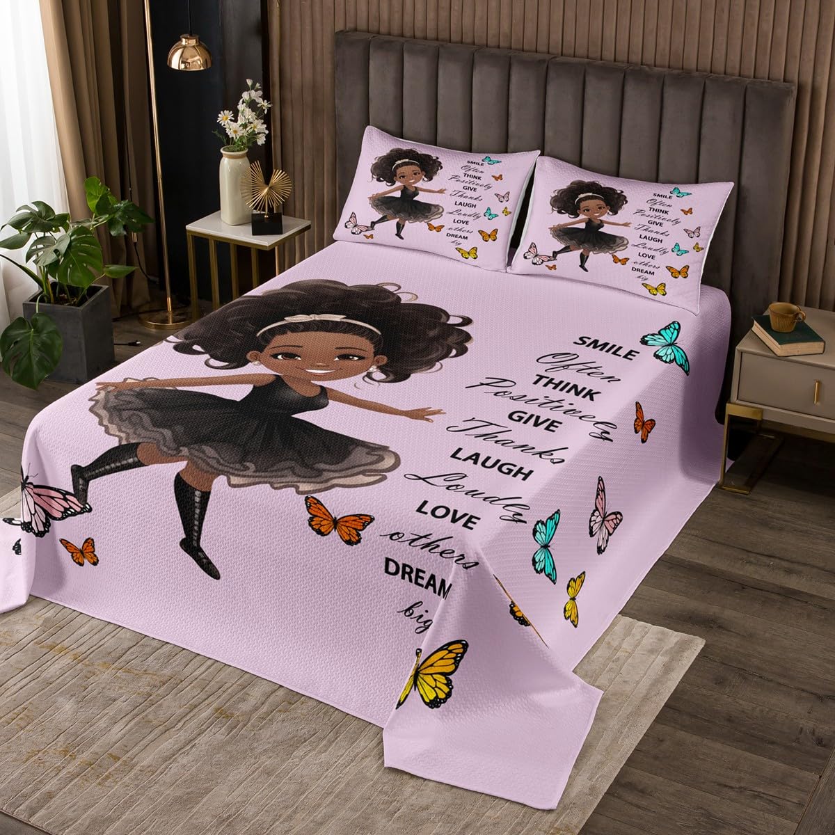 Erosebridal Ballet Dancer Quilted African American Black Girl Coverlet Set,Colorful Butterfly Bedspread Inspirational Quotes Gift Quilt Set Queen,Rustic Aesthetic Animal Room Decor Pink