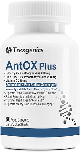 Trexgenics ANTOX PLUS Arándano 25% antocianidinas 200 mg, corteza de pino 90% proantocianidinas 200 mg y vitamina C 250 mg Complejo antioxidante
