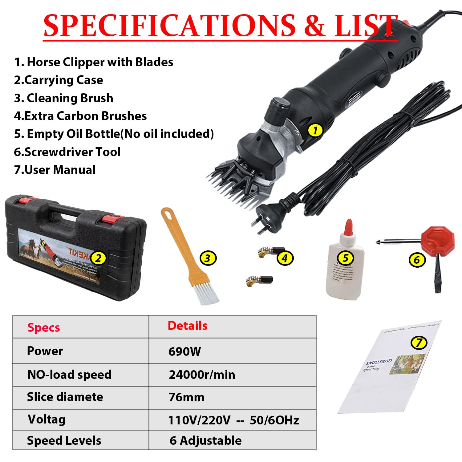 Esquiladoras y cortapelos Profesionales de Alta Resistencia para ovejas, 6 Niveles de Velocidad Ajustables, Potente Motor de 690 W, para la mayoría de los Animales de Pelaje Grueso. Black-220v