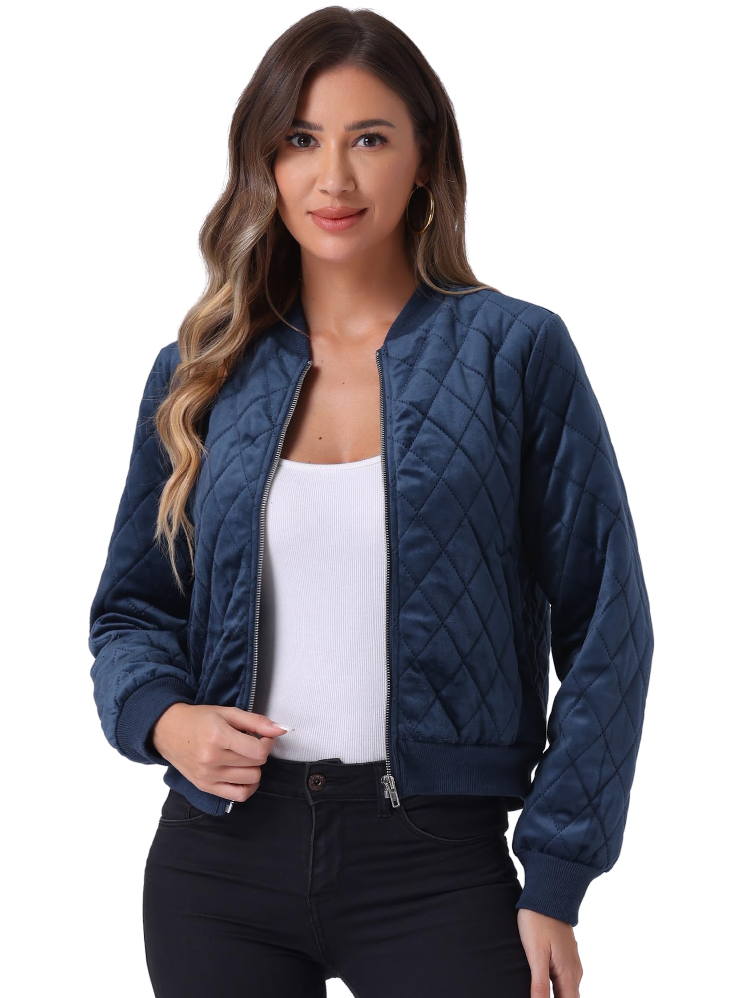 Allegra K Women's Zip Up Jacket Long Sleeve Velvet Surface Diamond Quilted Bomber Jackets
